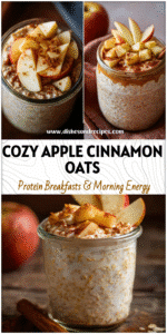 Jar of thick Apple Cinnamon Overnight Oats topped with apple slices and cinnamon in cozy fall style.